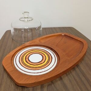 Vintage 70s Teak Wooden Cheese Board With Glass Dome & Tile Inlay